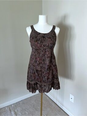 Brown Floral Sleeveless Ruffle-Hem Dress